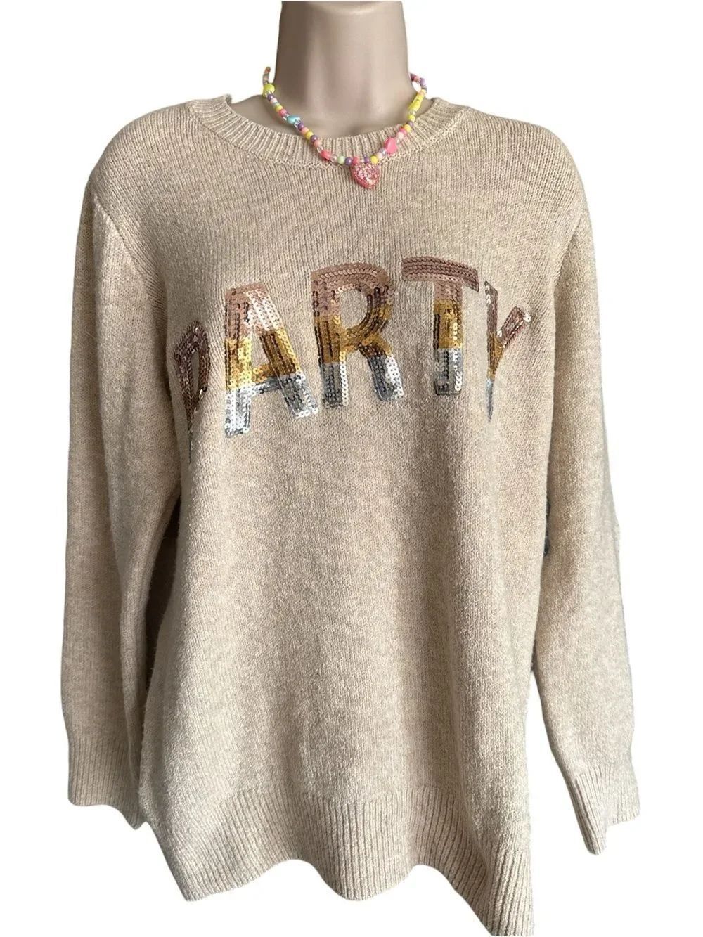 Terra & Sky Beige Sequin 'PARTY' Crewneck Sweater super Soft